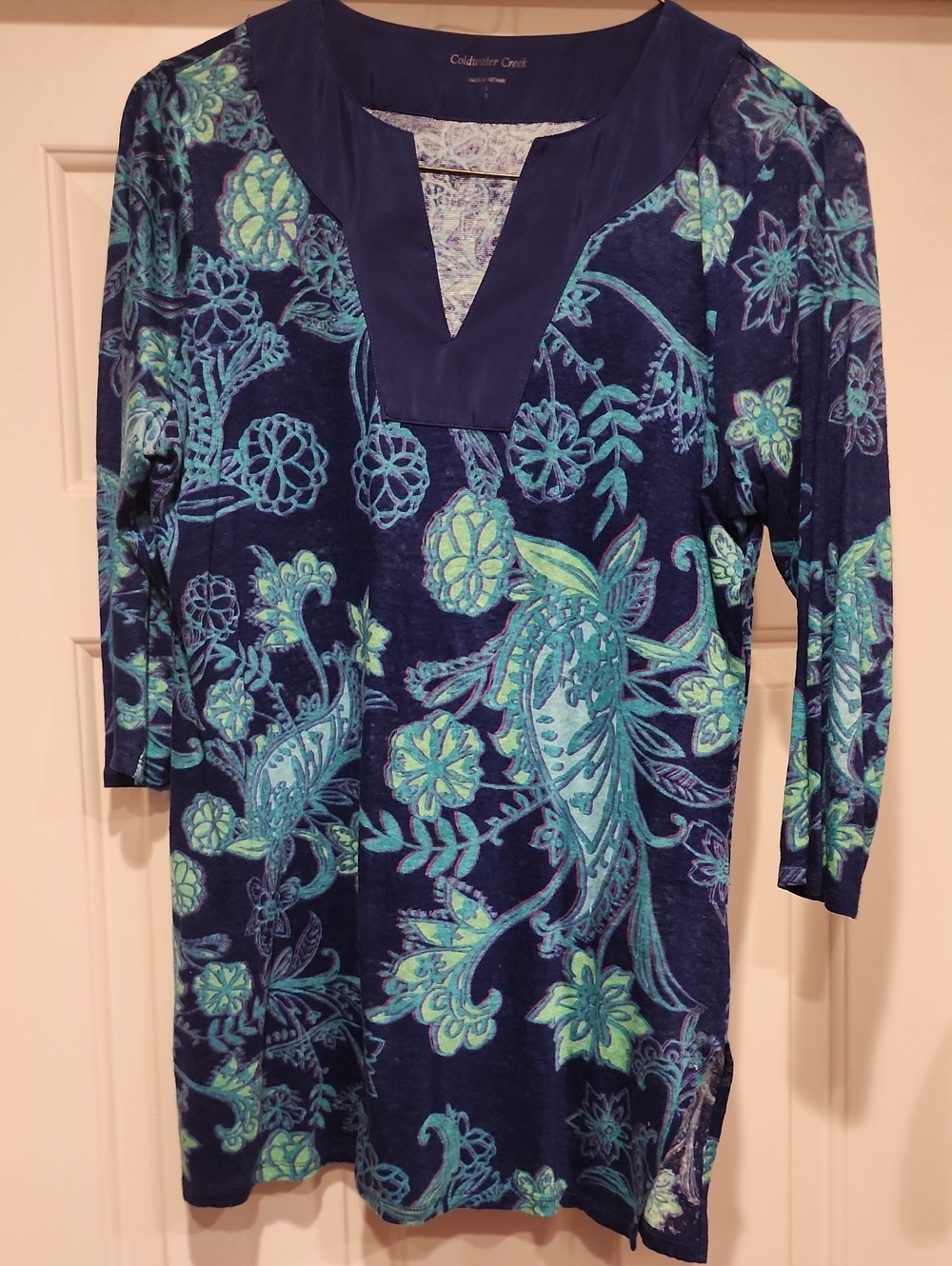 WUC, Coldwater Creek Navy Tunic with Aqua & Teal Floral Print